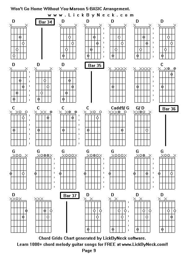 Chord Grids Chart of chord melody fingerstyle guitar song-Won't Go Home Without You-Maroon 5-BASIC Arrangement,generated by LickByNeck software.